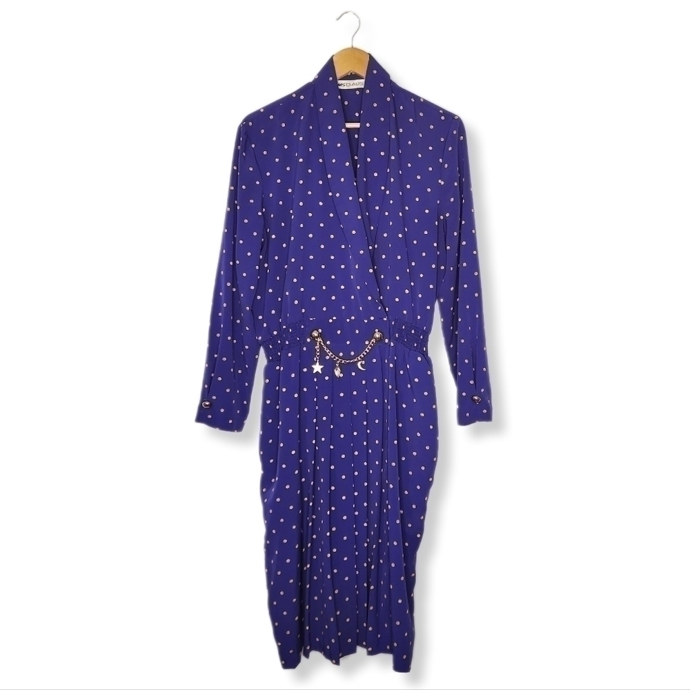 VINTAGE 1980s Blue Gold Dot Long Sleeve Wrap Dress with Gold Charm Accents 14